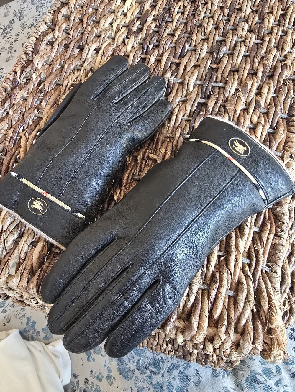 Authentic Burberry Black Leather Women's Gloves with Gold Accent